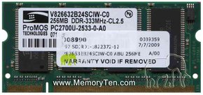 256MB 200p PC2700 CL2.5 8c 16x16 DDR333 2Rx16 2.5
