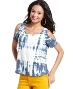 Juniors Top, Short-Sleeve Cutout-Shoulder Tie-Dye