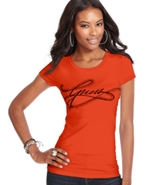 GUESS Top, Short-Sleeve Scoop-Neck Rhinestone Logo