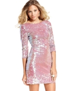 Juniors Dress, Three-Quarter Sleeve Sequin Sheath