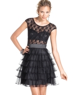 Juniors Dress, Cap-Sleeve Lace Tiered Ruffle