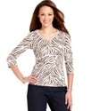 Petite Top, Three-Quarter-Sleeve Animal-Print Henl