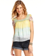 Juniors Top, Short Sleeve Sheer Paisley-Print