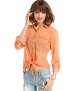 Juniors Top, Long Sleeve Star-Print Tie-Front