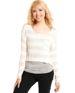 Juniors Top, Long Sleeve Metallic Striped High-Low