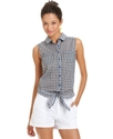 Juniors Top, Sleeveless Gingham-Print Tie-Front