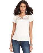 , Short-Sleeve Split-Neck Lace Beaded Tee