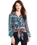 Top, Long-Sleeve Printed Tie-Front