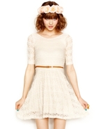 Juniors Dress, Short Sleeve Belted Lace A-Line