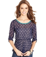 Juniors Top, Three-Quarter Sleeve Printed Peplum