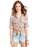 Juniors Top, Three-Quarter Sleeve Roll-Tab Floral-