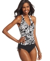 Swimsuit, Halter Ruched Black-Print Tankini Top Wo