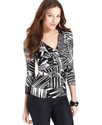 Top, Three-Quarter-Sleeve Printed V-Neck