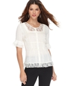 Petite Top, Short Sleeve Lace Inset Ruffle Blouse