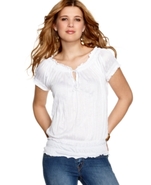 Juniors Top, Short Sleeve Crinkled Smocked Peasant