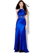Juniors Dress, Halter Backless Satin Gown