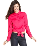Juniors Top, Long Sleeve Tie-Front Blouse