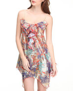 Women Asymmetrical Hem Printed Babydoll Dress Mult