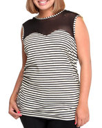 Women Jeweled Shoulder Illusion Striped Top (Plus)
