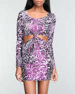 Women Geo Long Sleeves Cutway Knotted Mini Dress M