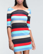 Women Stripe 3/4 Sleeve Dress Red Large
