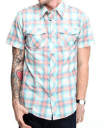 Men S/S Washed Plaid Shirt Teal X-Large