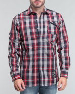 Men L/S Rollup Plaid Woven Navy Large