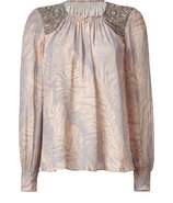 Blush Embellished Silk Blouse with Feather Print