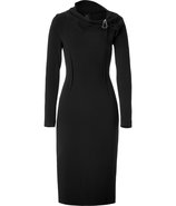 Black Wool Sheath Dress with Brooch Neck