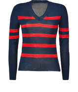 Navy/Red Cotton Striped V-Neck Pullover