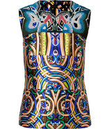 Script Blue-Multi Top with Cutout Crochet Yolk