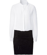 White Silk Blouse and Black Lace Skirt Dress